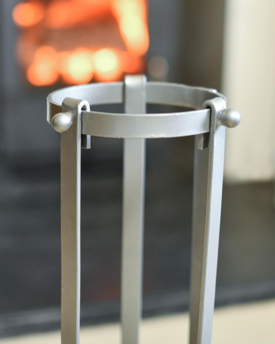 Close-Up of Contemporary Curved Pewter Three Piece Companion Set