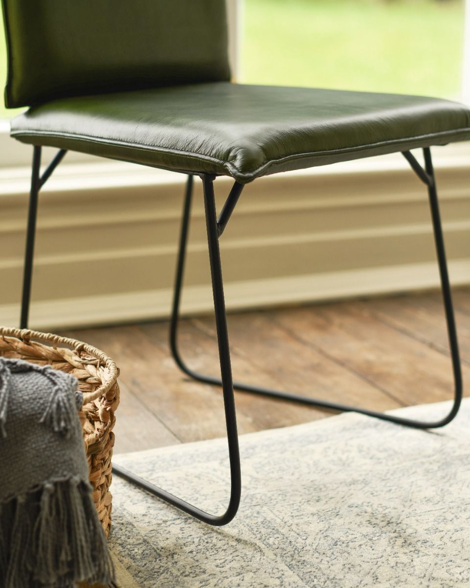 Contemporary Olive Green Leather and Black Steel Chair Sled Base 