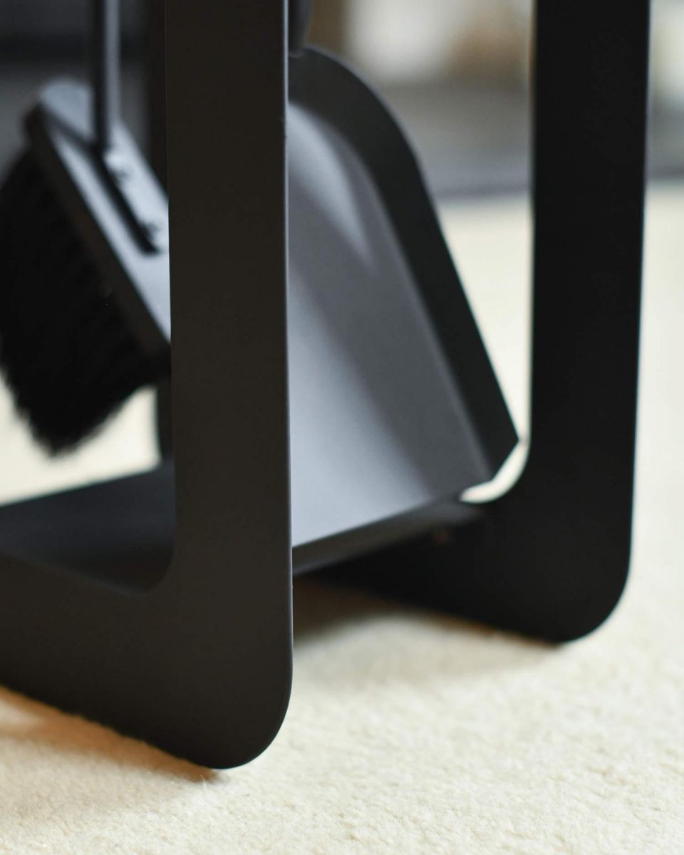 Close-Up of Contemporary Sleek Black "Duplex" Two Piece Companion Set with Wooden Handles