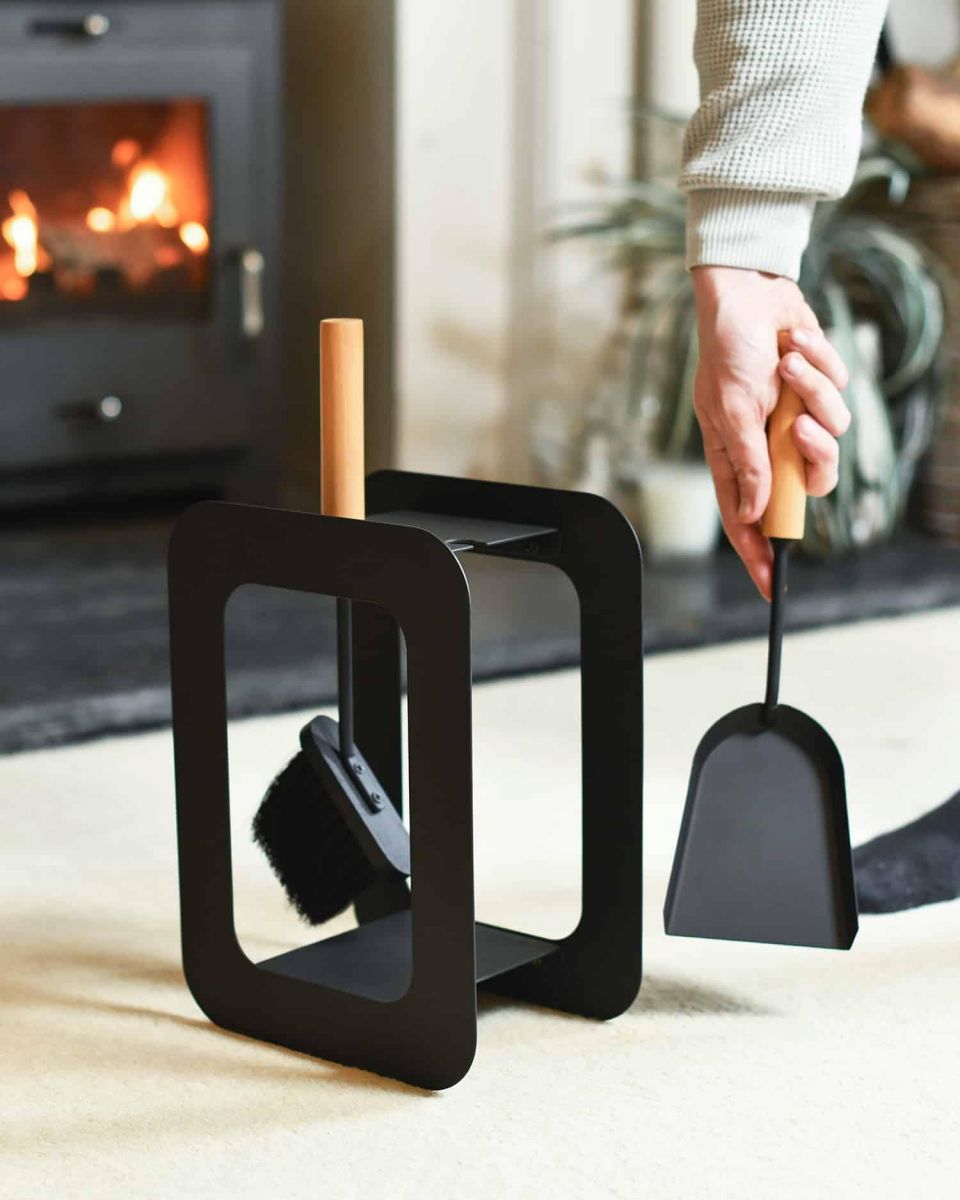 Scale Shot of Contemporary Sleek Black "Duplex" Two Piece Companion Set with Wooden Handles