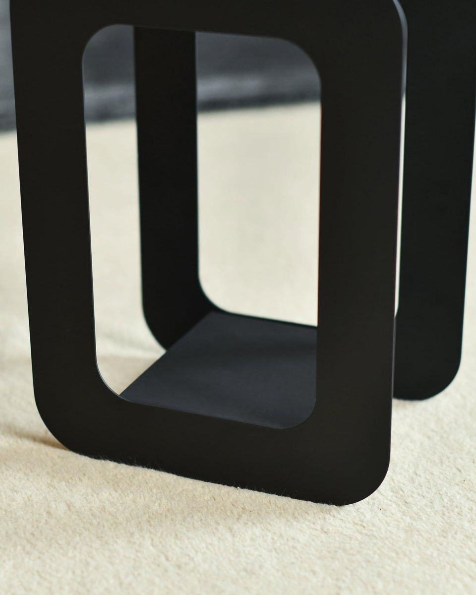 Close-Up of Contemporary Sleek Black "Duplex" Two Piece Companion Set with Wooden Handles without Tools