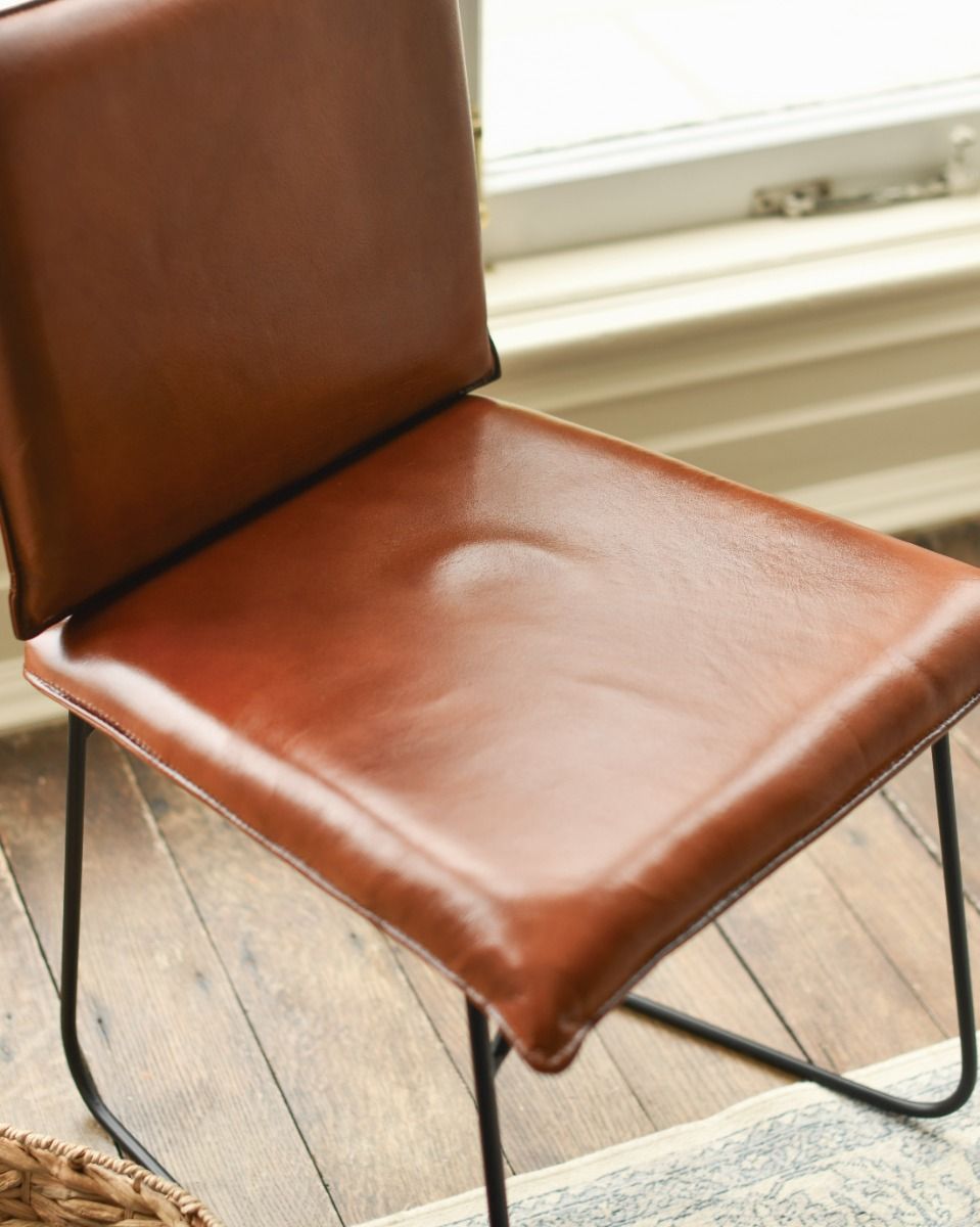 Contemporary Tan Leather and Black Steel Chair Seat