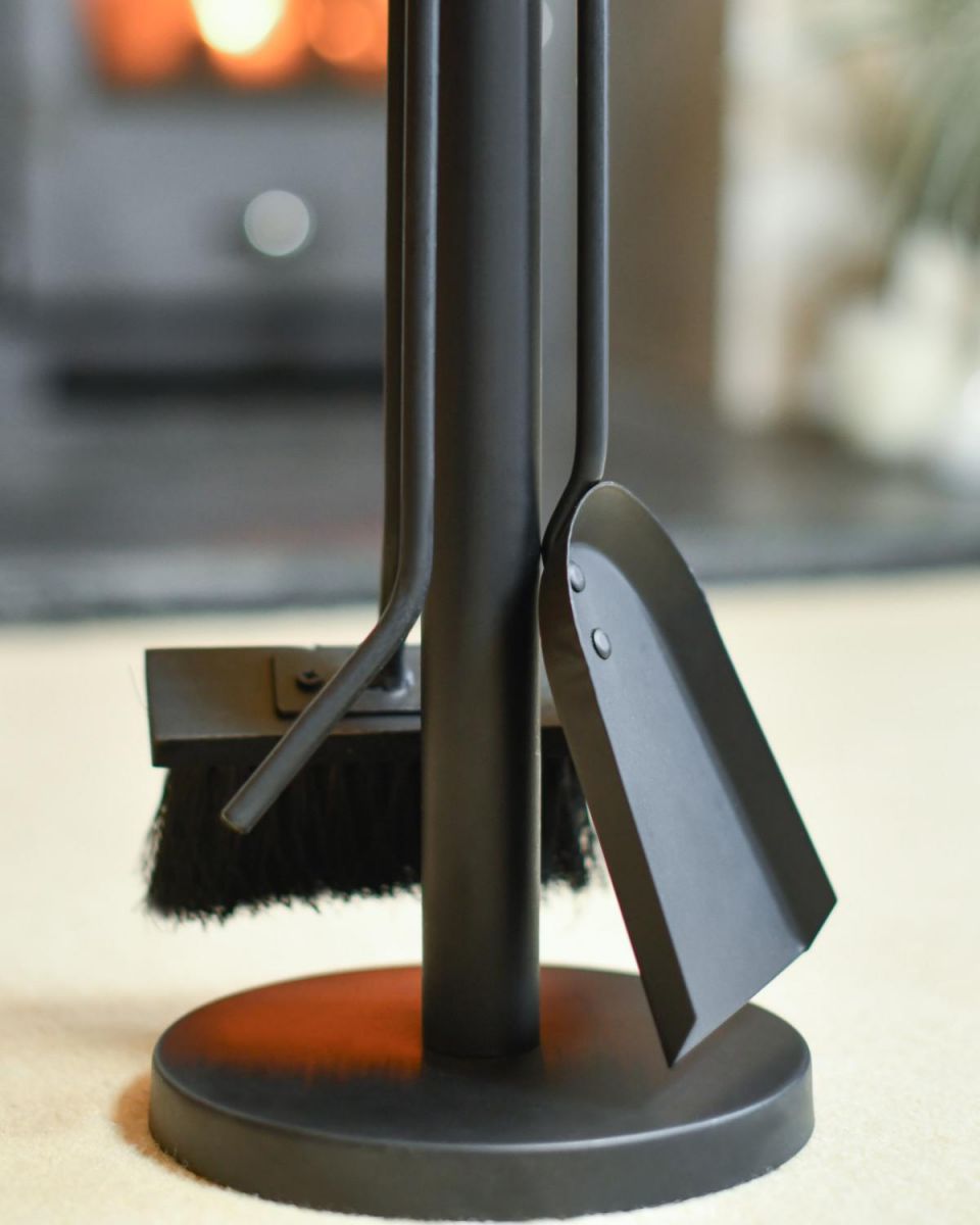 Close Up Of Contemporary Three Piece Companion Set With Brushed Steel Handles Tools Close Up Of Contemporary Three Piece Companion Set With Brushed Steel Handles Tools