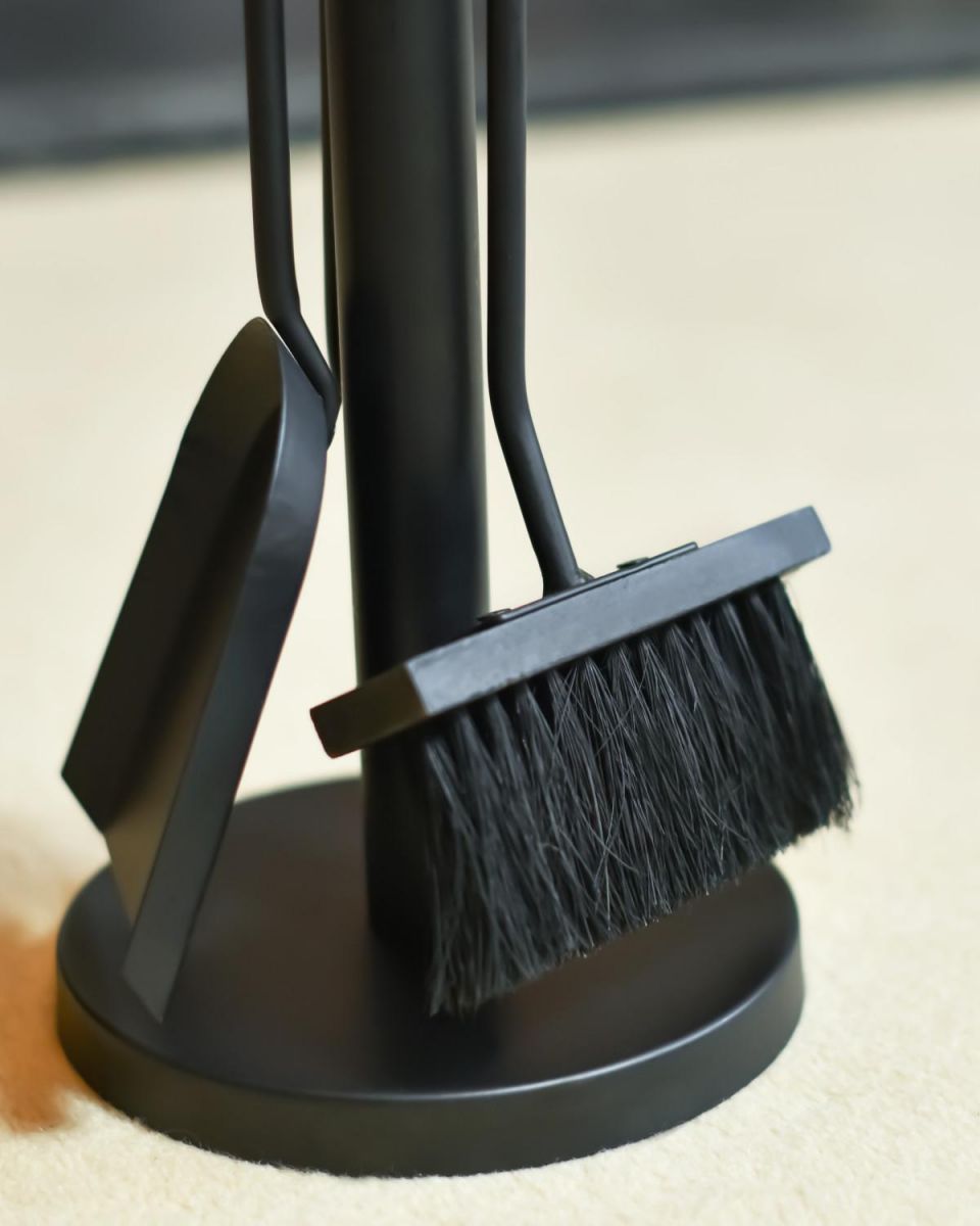 Close Up Of Contemporary Three Piece Companion Set With Brushed Steel Handles Brush Close Up Of Contemporary Three Piece Companion Set With Brushed Steel Handles Brush