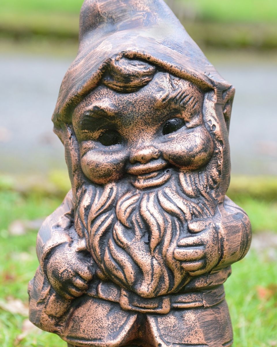 ‘Hodge’ the Garden Gnome in Cast Aluminium - Copper close up on face