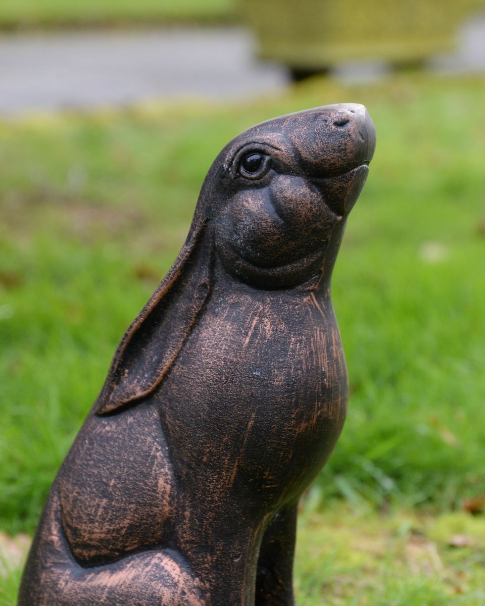‘Meadow’ Cast Aluminium Large Rabbit Looking Up - Bronze close up of head