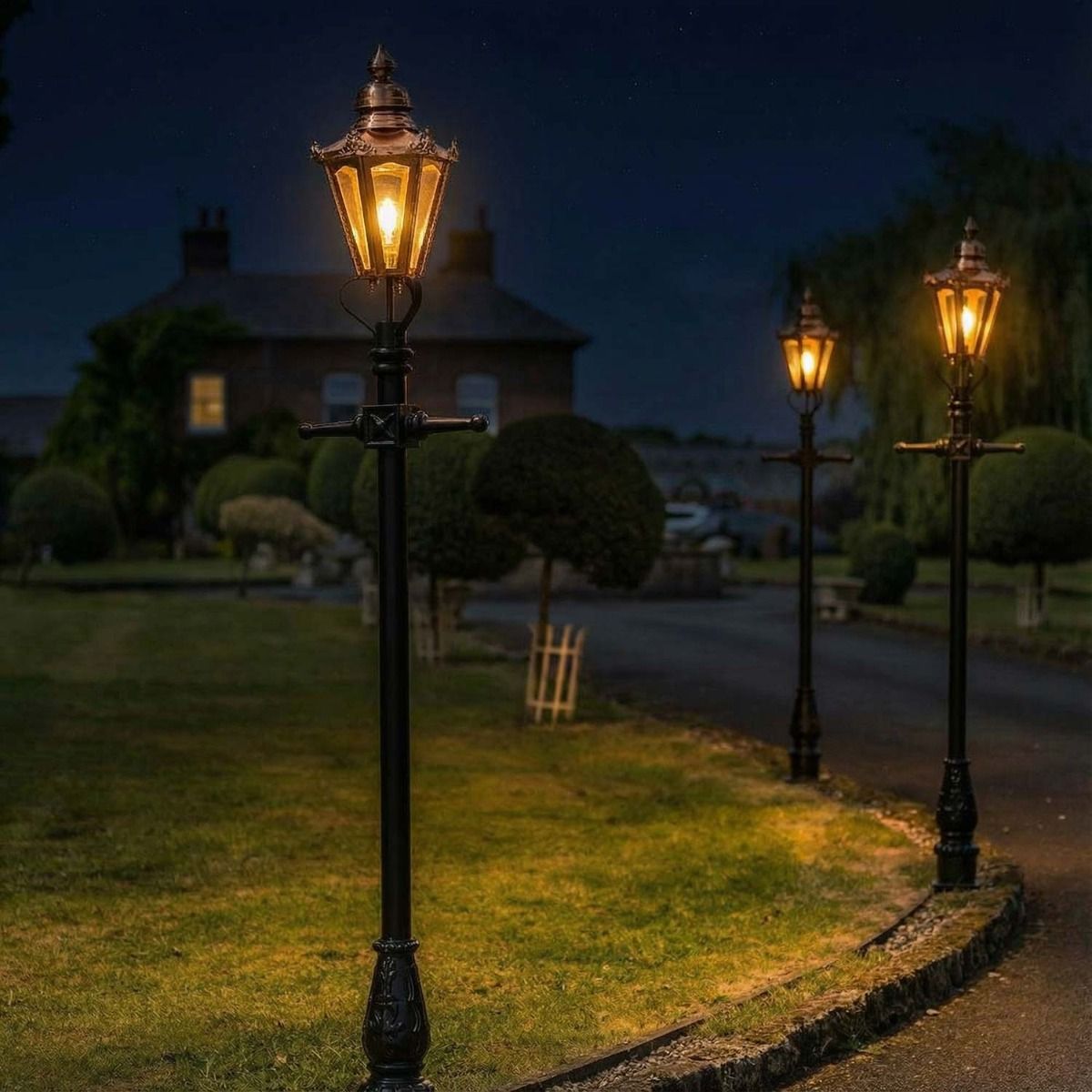 Ai Illustration of the 2.7m Copper Hexagonal Concordia Lamp Post Set Illuminated at Night