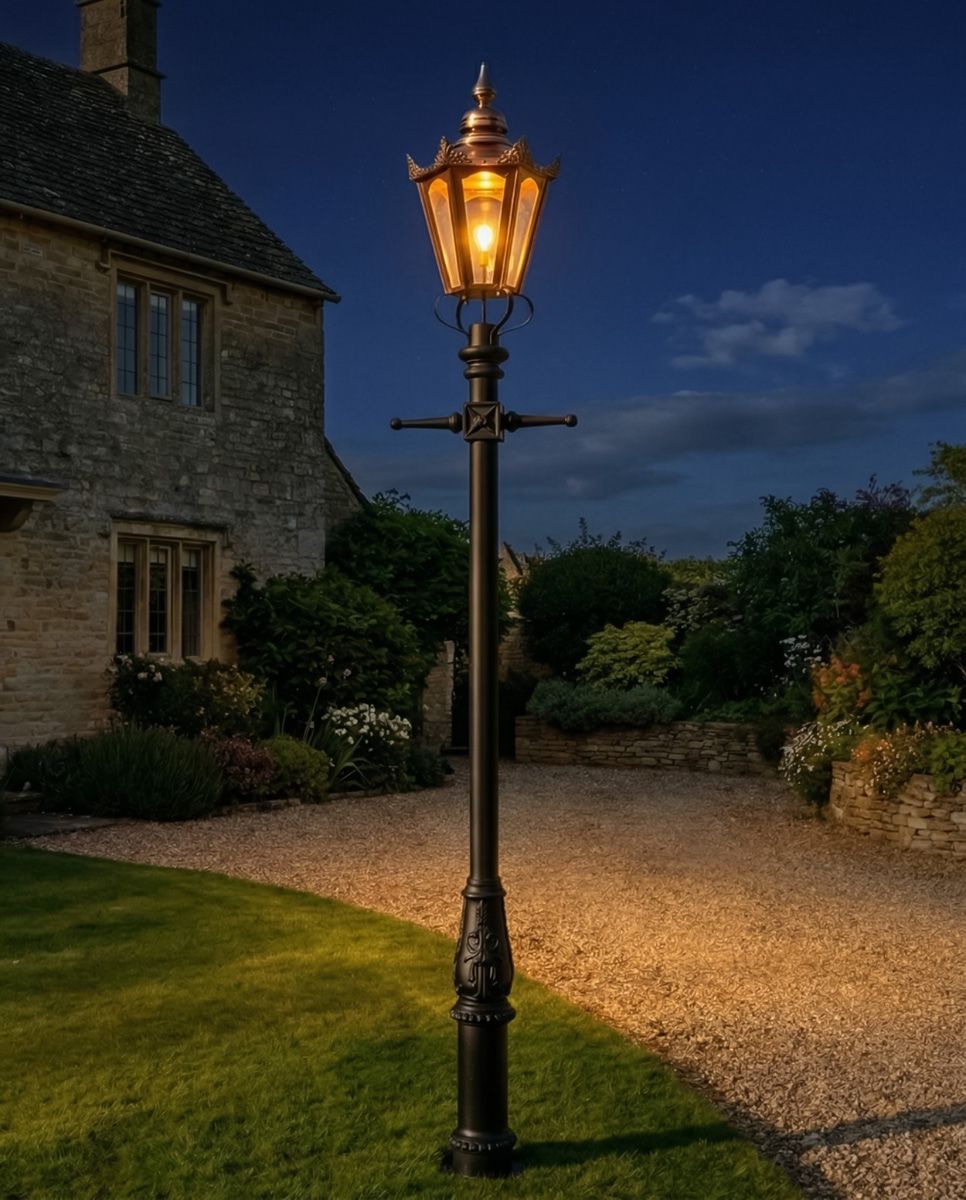 Copper "Concordia" Lamp Post & Hexagonal Lantern - 3.7m digital illustration at night