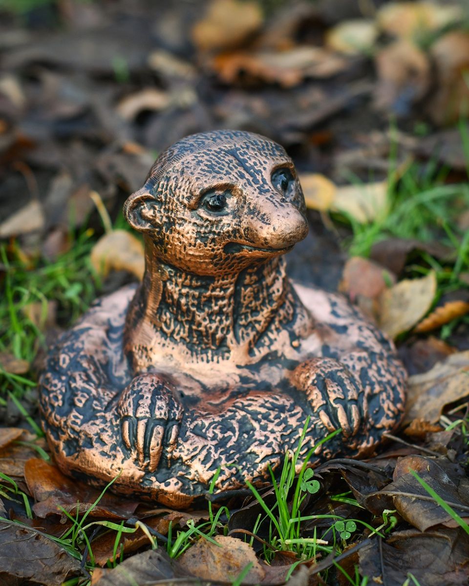 Cast Aluminium Peeking Meerkat Garden Sculpture In Situ
