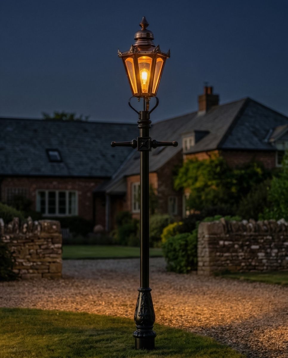 Copper Concordia Lamp Post & Hexagonal Lantern - 2.3m digital illustration at night