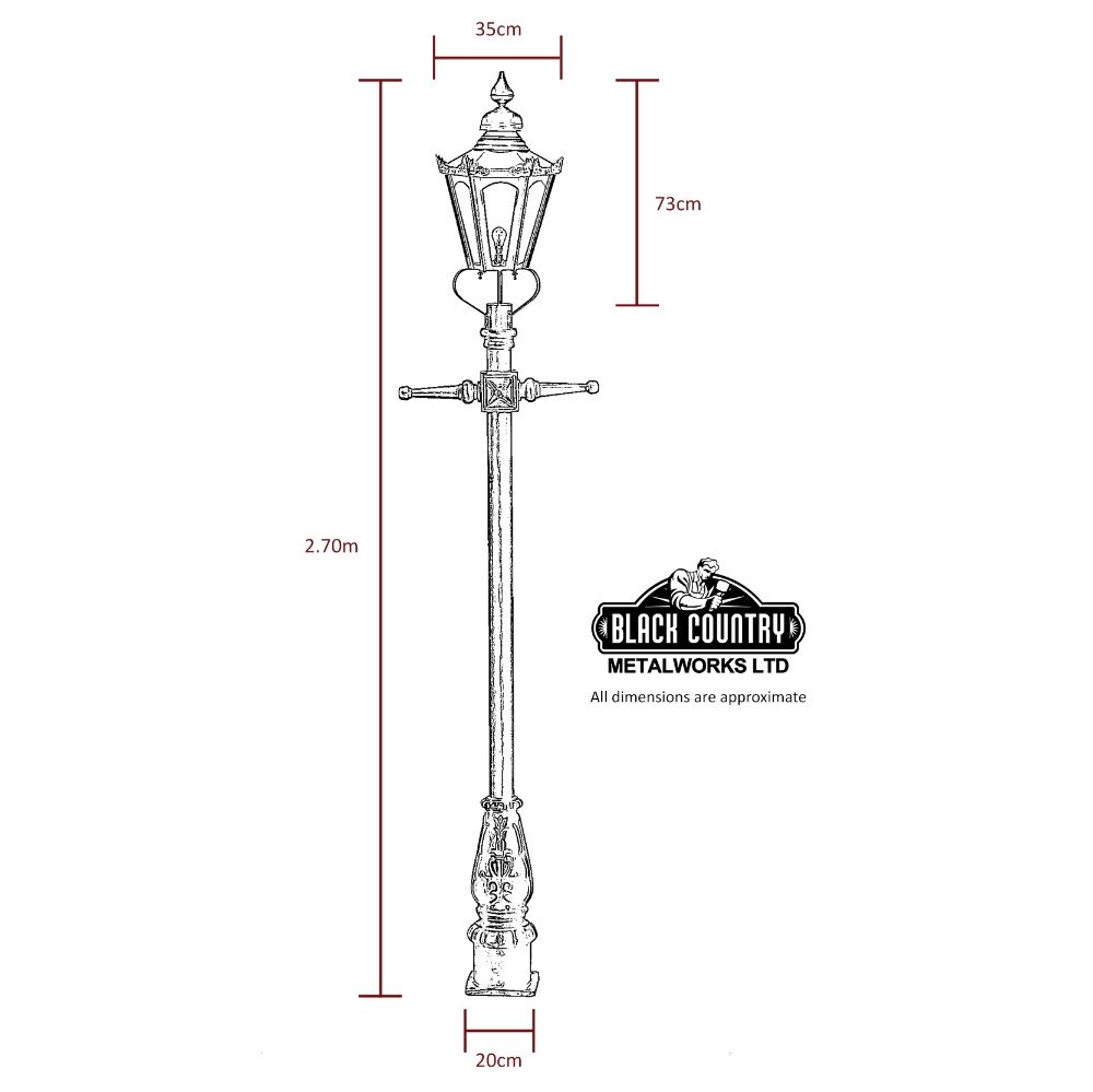 Dimensions of the Copper Concordia Hexagonal Lamp Post & Lantern Set