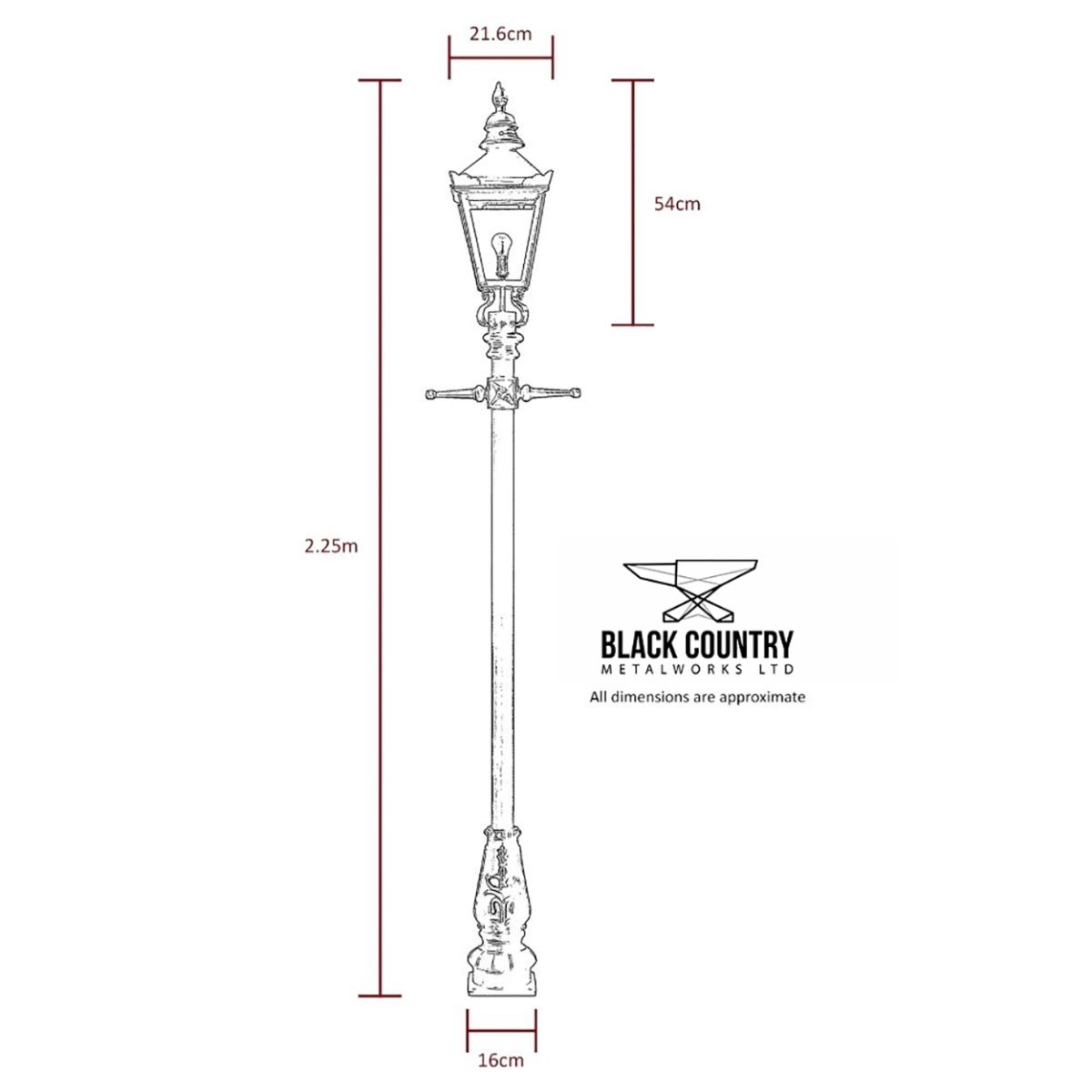 Dimensions of the 2.25m Copper Harrogate Lamp Post