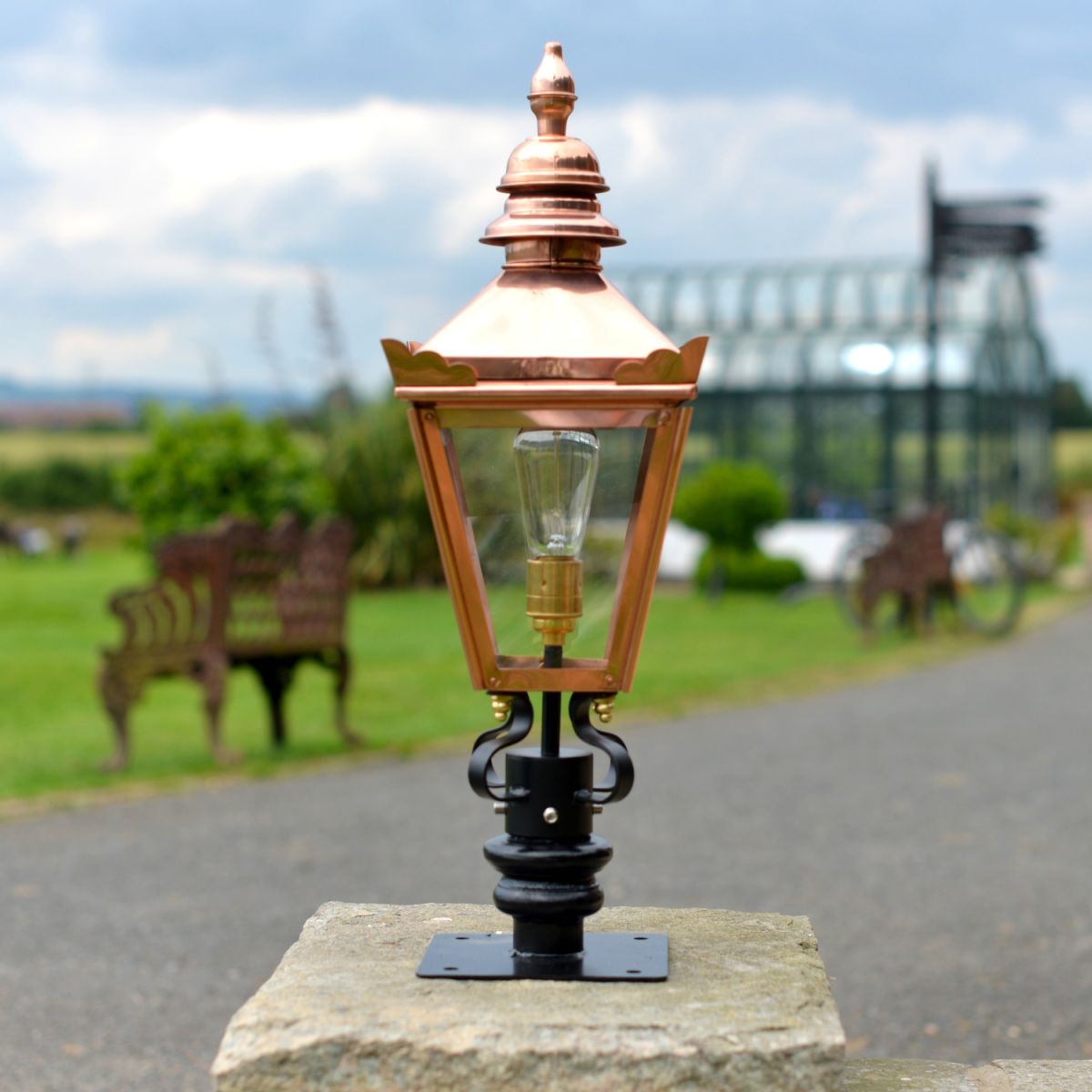 Copper Harrogate Pillar Light and Lantern Set in Situ on a Driveway