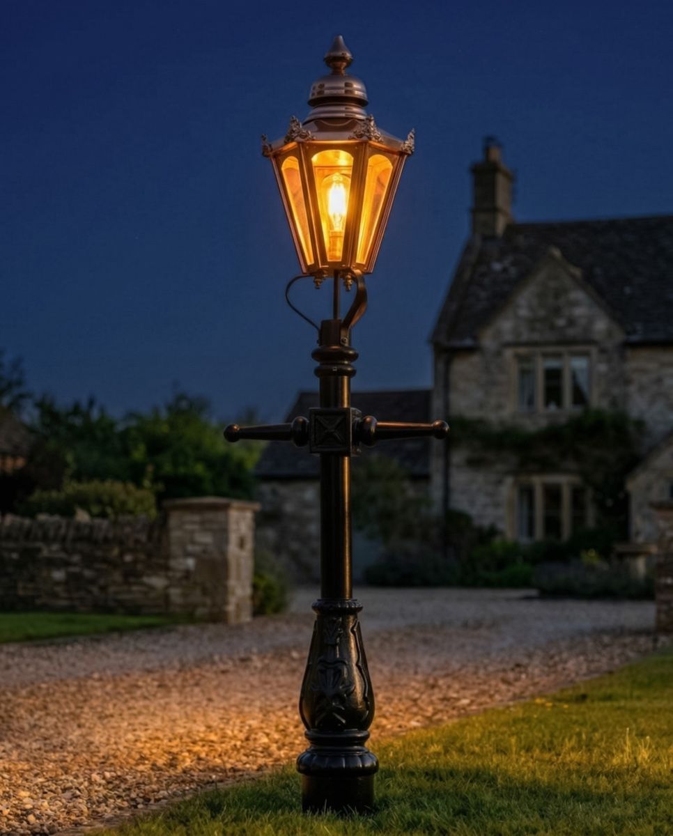 Copper Hexagonal Miniature Lamp Post - 1.5m digital illustration at night
