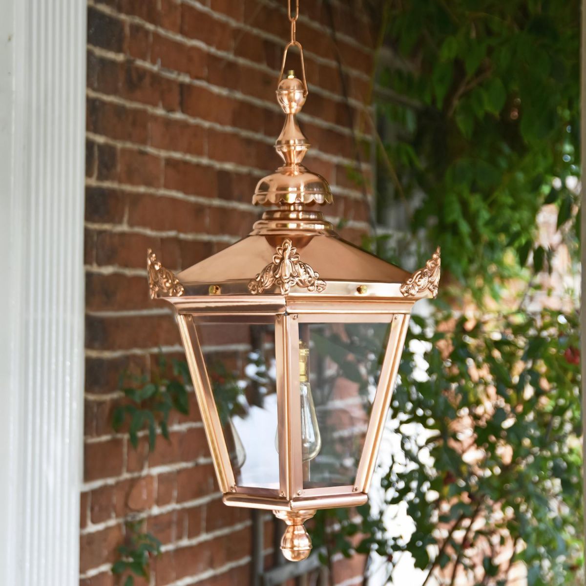 Copper Chain Hanging Lantern in Situ Under The Porch
