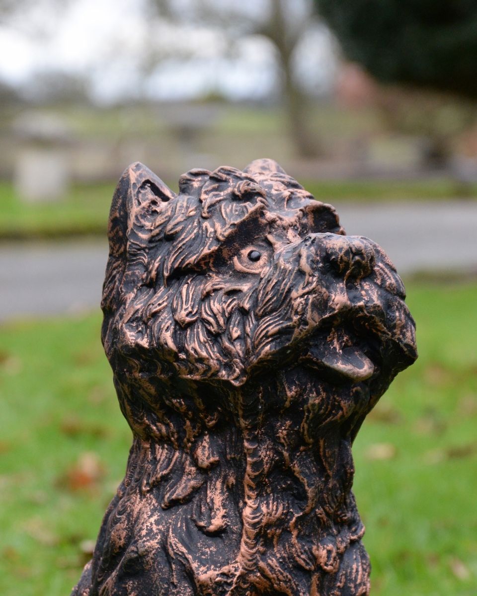 ‘Baxter’ the Yorkshire Terrier Garden Sculpture in Cast Aluminium - Copper close up of head