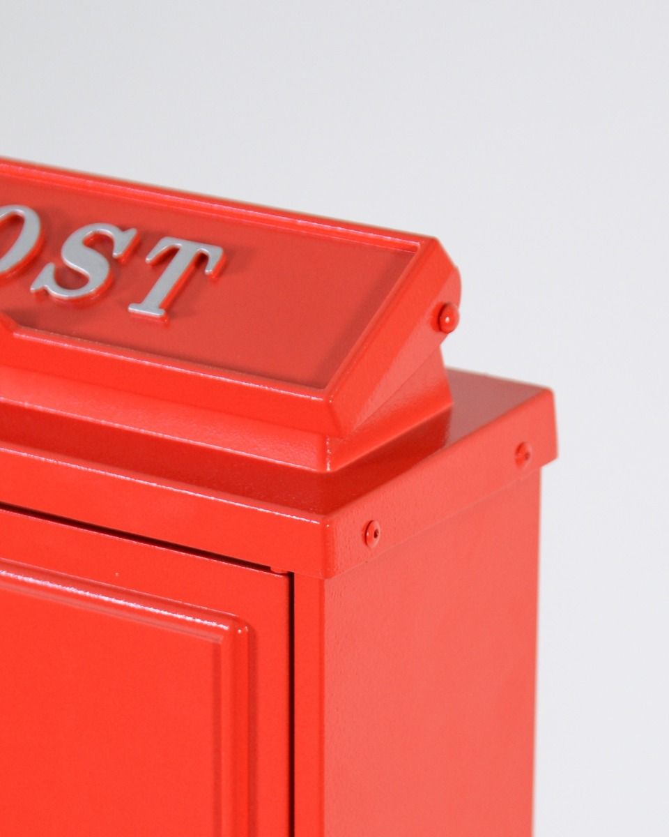 The Red "Oxford" Wall Mounted Post Box with Gold Detailing With a Close up of the Hinge 