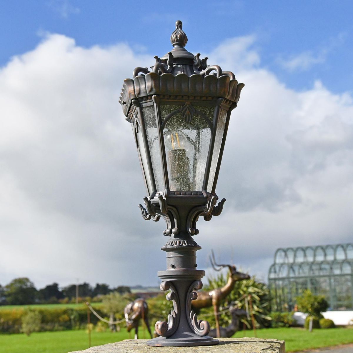 "Cotswold" Grand Ornate Gold Pillar Light in Use Outdoors