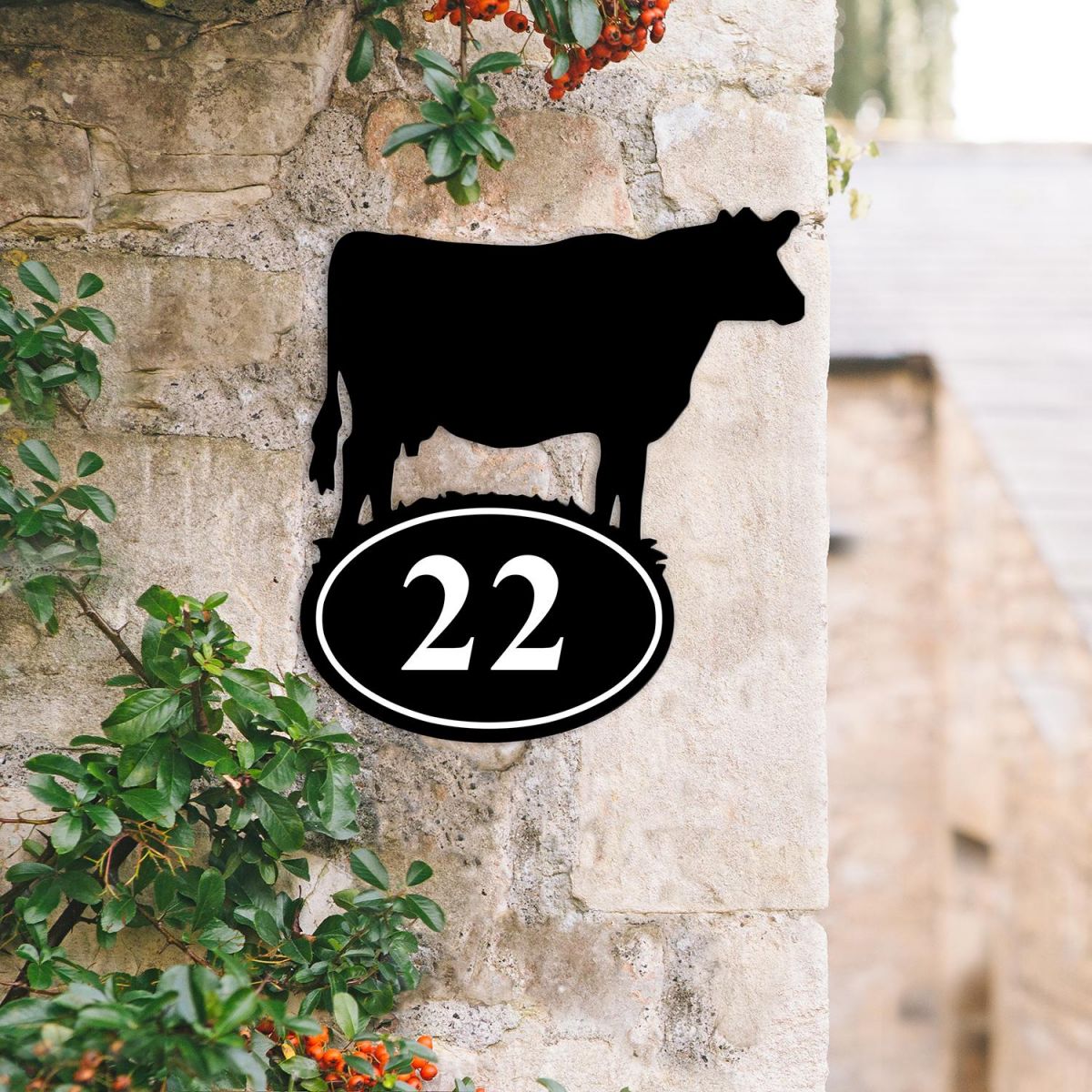 Bespoke Cow Iron House Number Sign in Situ