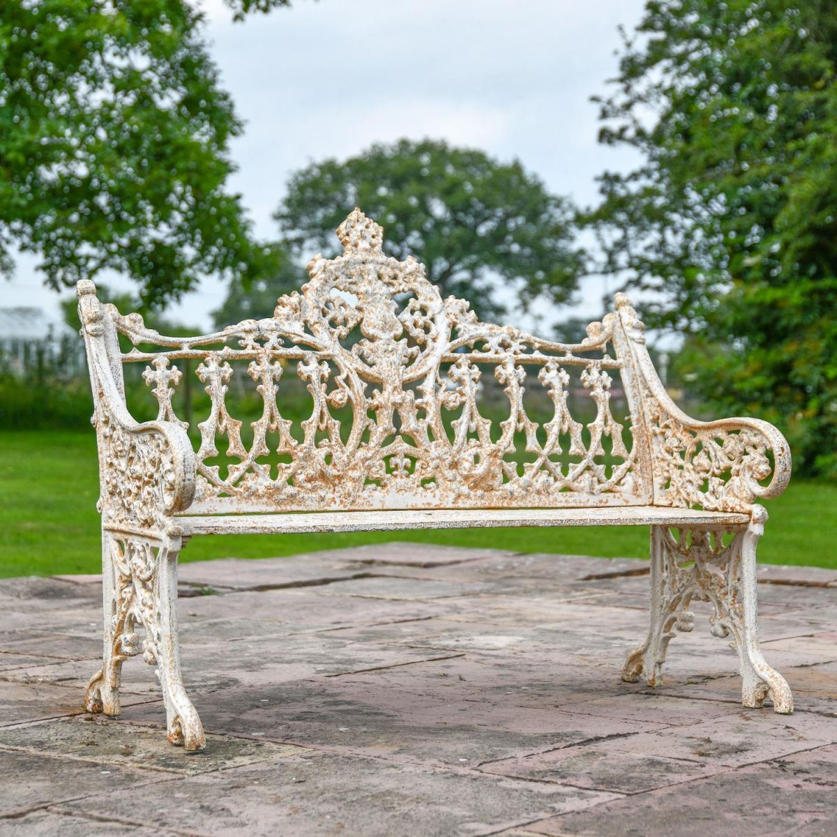 Antique Cream Cast Iron Gothic Two Seater Bench 