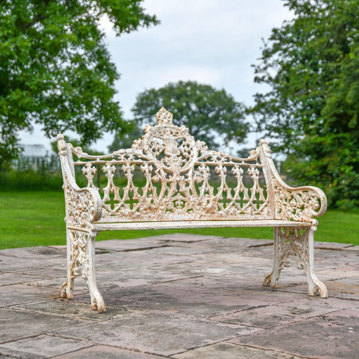 Antique Cream Cast Iron Gothic Garden Bench 