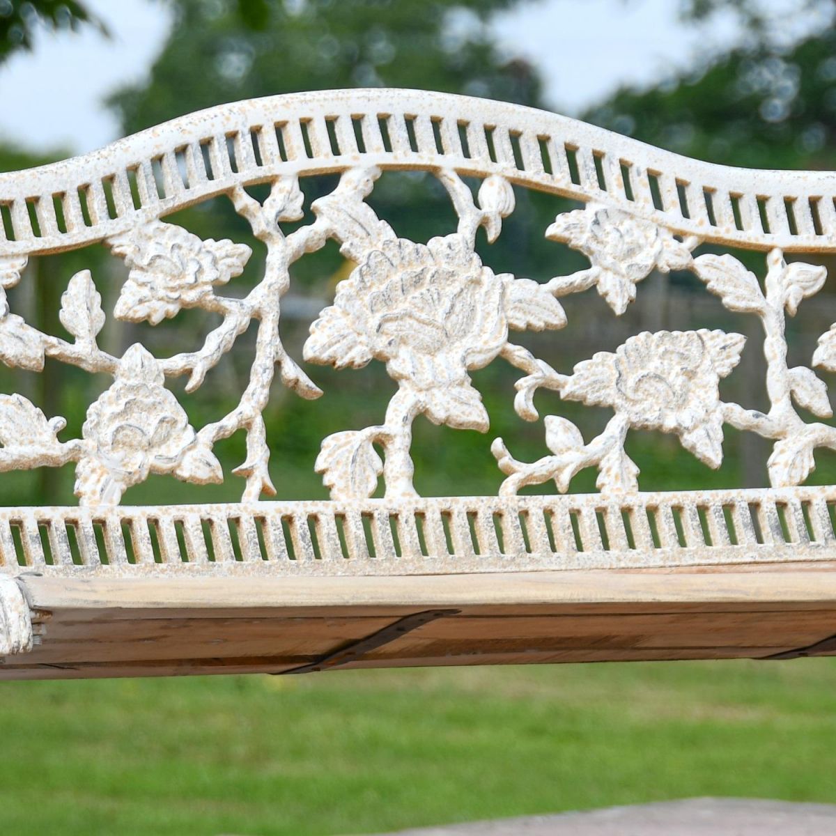 Close up of rose embellishment on Antique Cream Bench Close up of rose embellishment on Antique Cream Bench