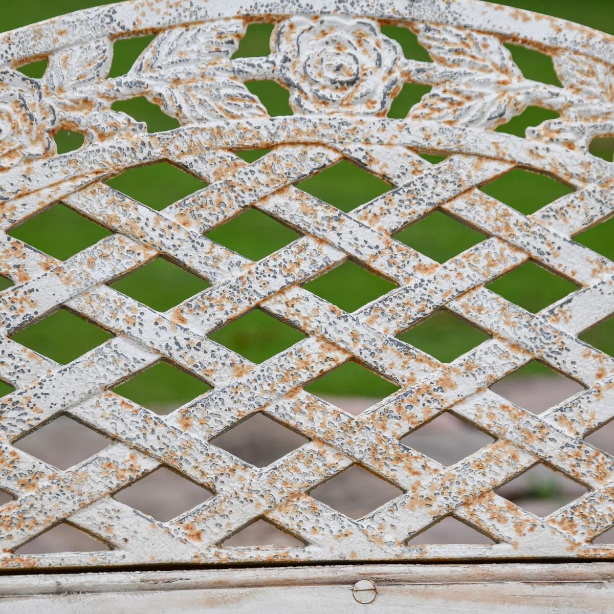 Close up of "Rose Lattice" design on Cast Iron Antique Cream Bench