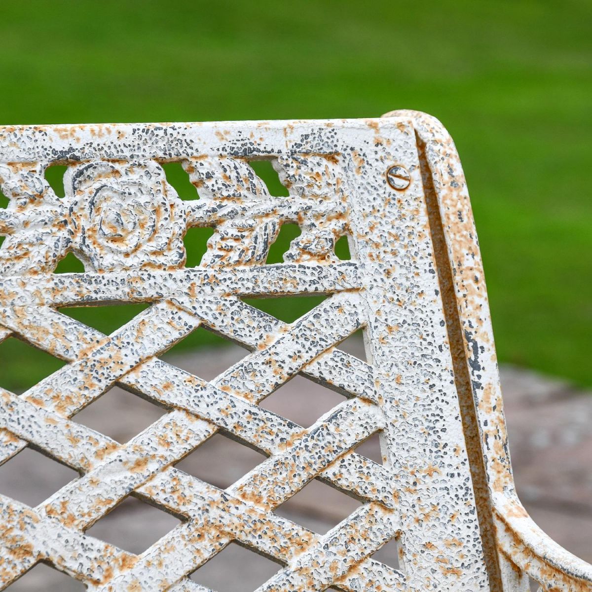 Close up of Cast Iron "Rose Lattice" Bench 