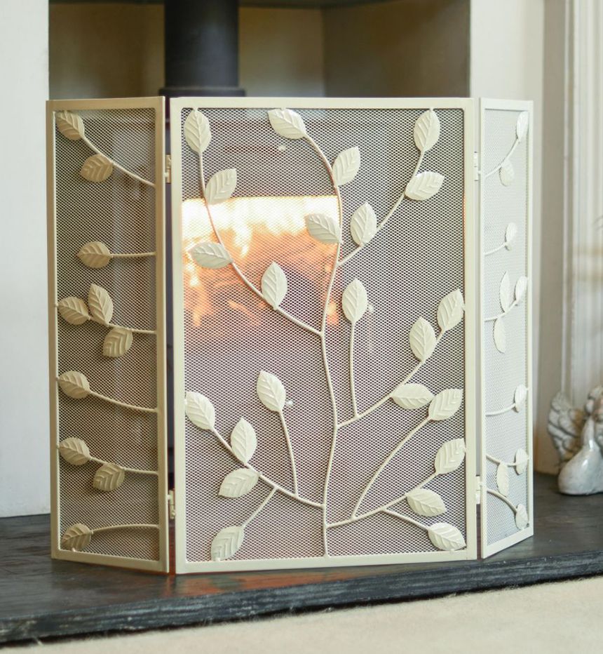 Cream Rectangular Three Fold Fire Guard with Leaf Pattern
