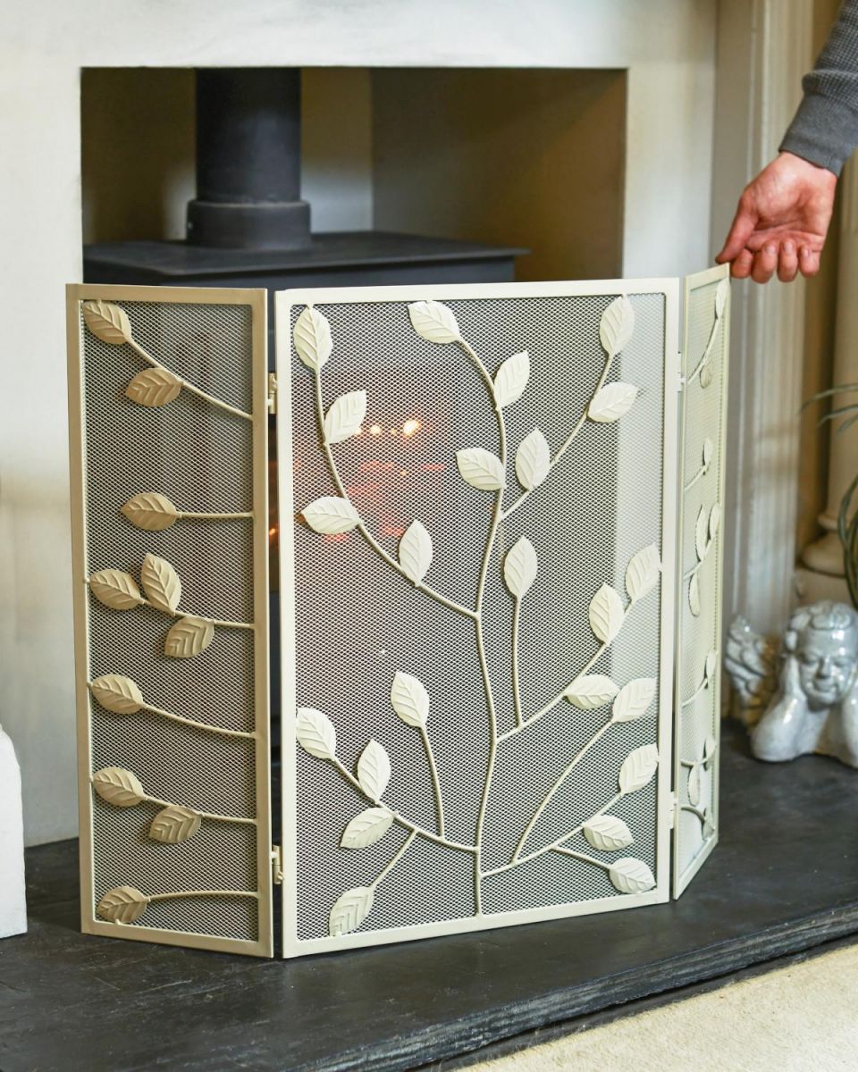 Scale Shot of Cream Rectangular Three Fold Fire Guard with Leaf Pattern
