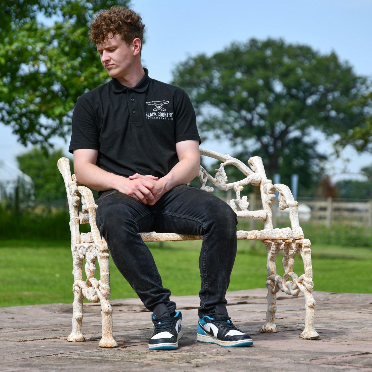 Antique Cream Cast Iron Tree Branch Bench with Male for Scale