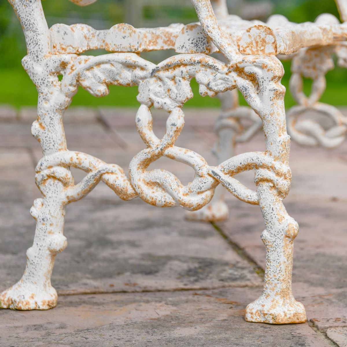 Side view and close up of Antique Cream Tree Branch Bench