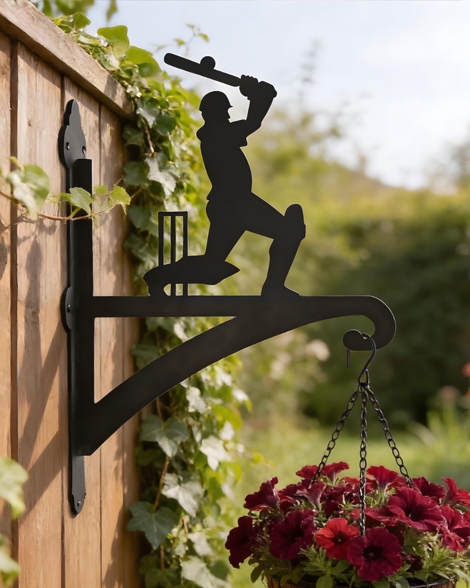Digital representation of Cricket Player Iron Hanging Basket Bracket mounted on wooden fence