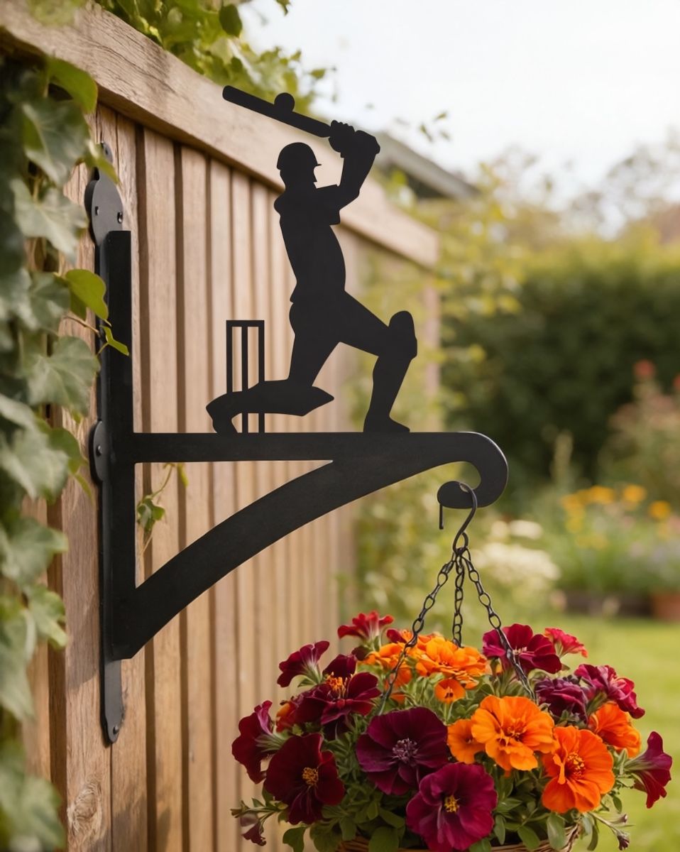 Digital representation of Cricket Player Iron Hanging Basket Bracket mounted on wooden fence in summer sun