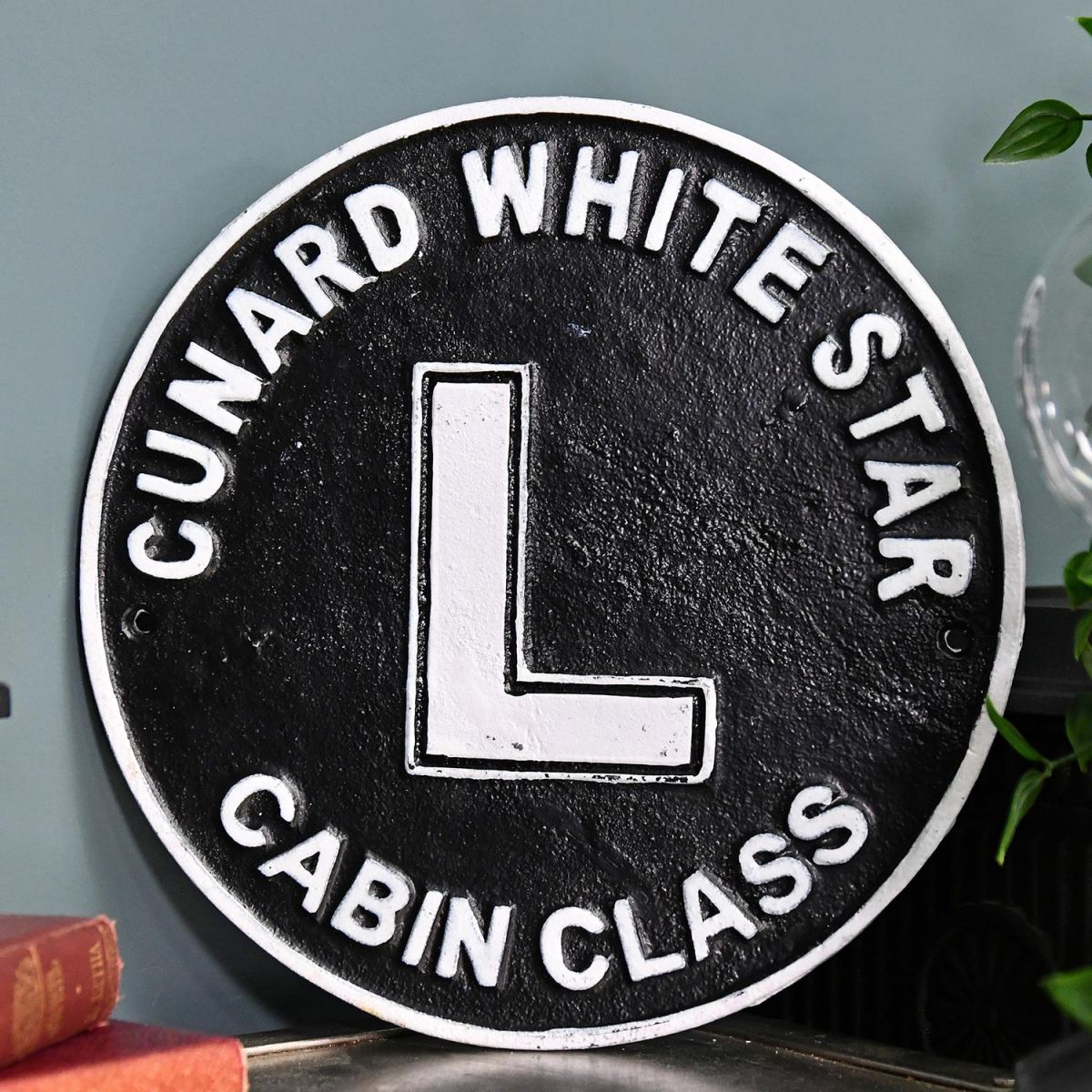 "Cunard White Star" Shipping Line Cast Iron Reproduction Sign in Situ Next to a Blue Wall