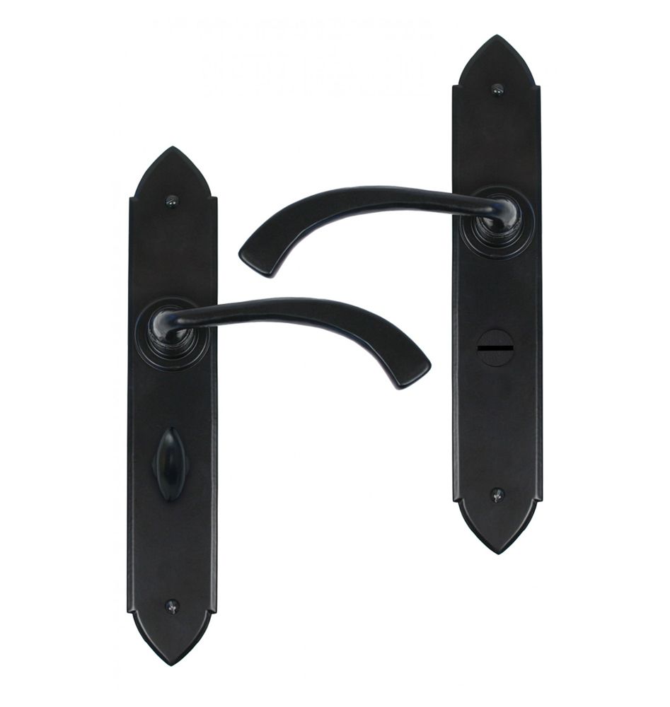 "Verona" Curved Black Medieval Lever Handle With Bathroom Lock "Verona" Curved Black Medieval Lever Handle With Bathroom Lock