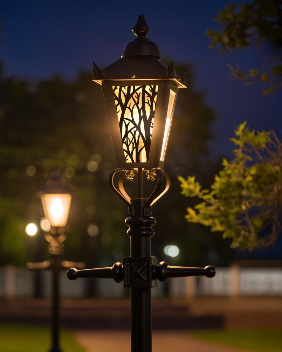 Custom Autumnal Trees Design Victorian Garden Lamp Post Lit up at Night