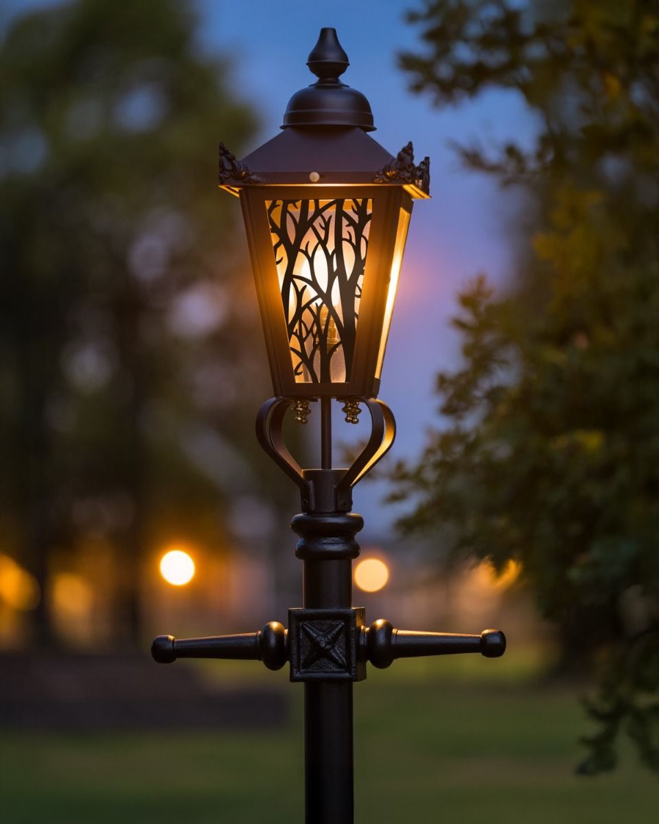 Custom Autumnal Trees Design Victorian Garden Lamp Post Positioned in a Grand Garden