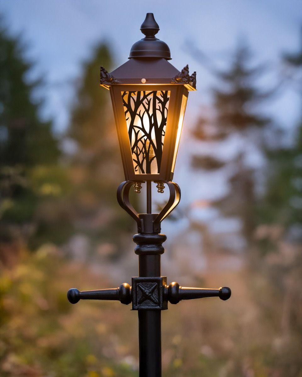 Custom Autumnal Trees Design Victorian Garden Lamp Post Positioned in Front of a Forest Backdrop