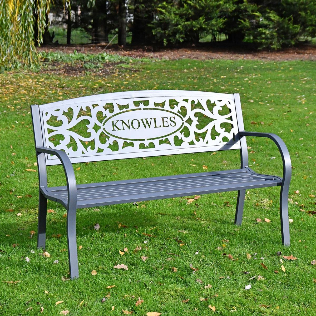 Black Personalised Bench in the Garden