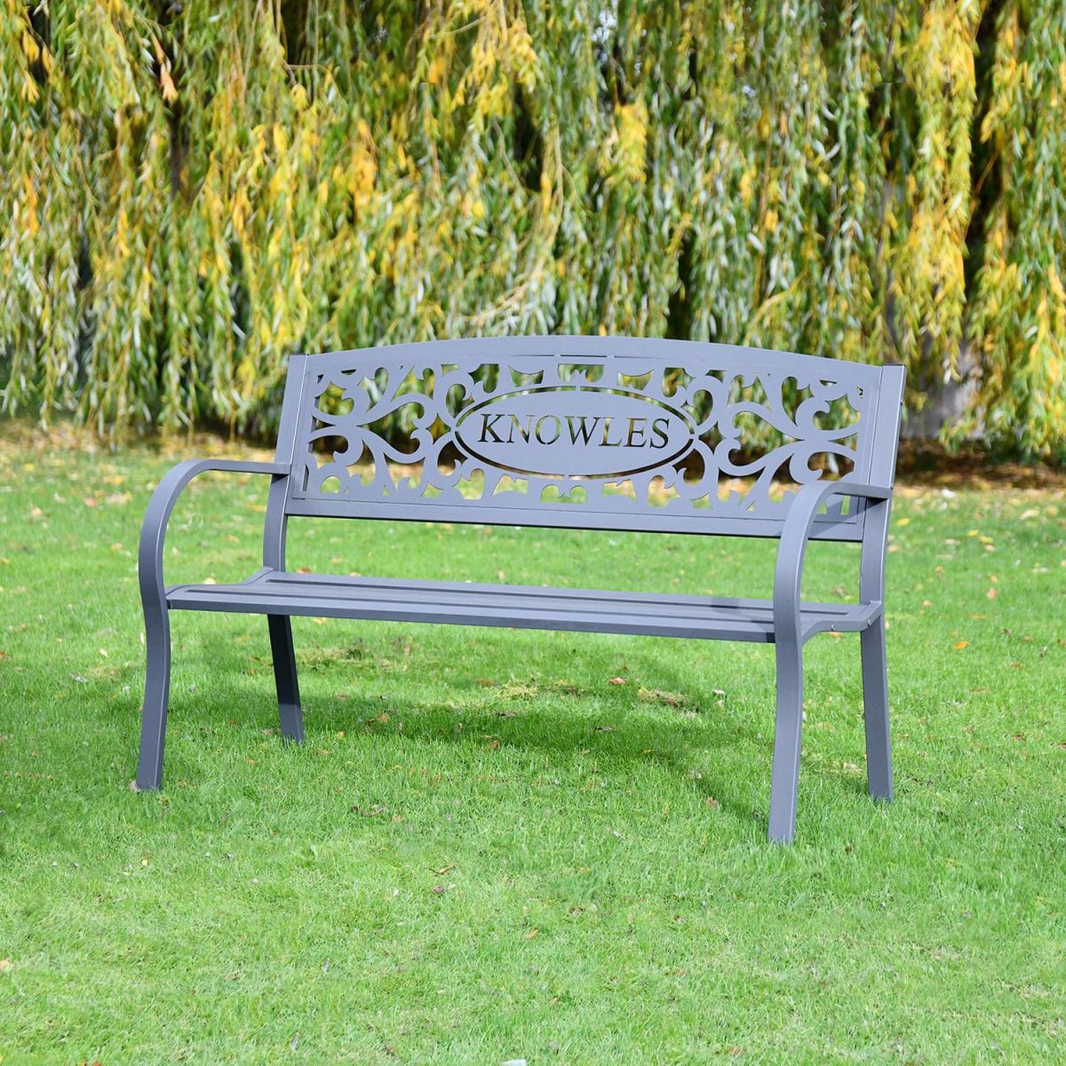 Personalised Family Name Iron Bench in the Garden