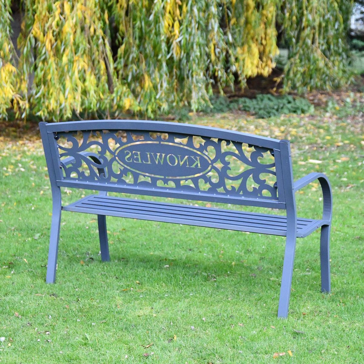 View of the Back of the Family Name Iron Bench