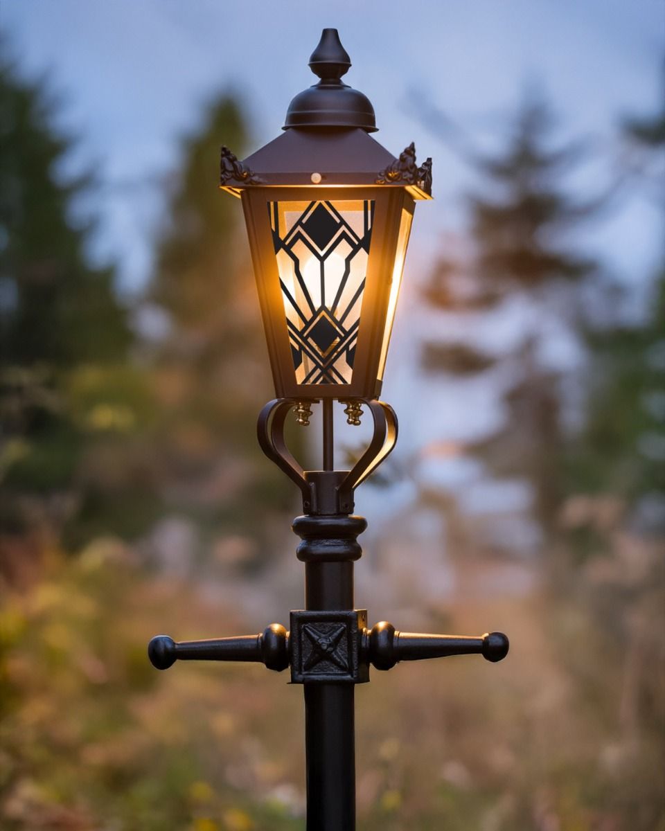 Custom Empire Mosaic Design Victorian Garden Lamp Post Positioned in Front of a Forest Backdrop