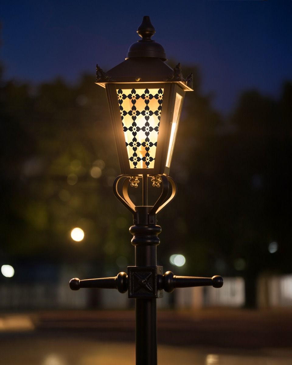 Custom Floral Lattice Design Victorian Garden Lamp Post Positioned Lit up at Night