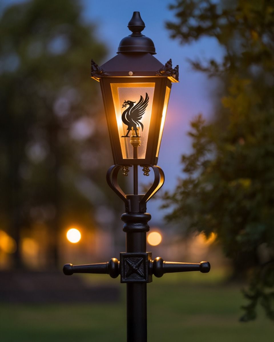 Custom Liver Bird Design Victorian Garden Lamp Post Lit up at Night