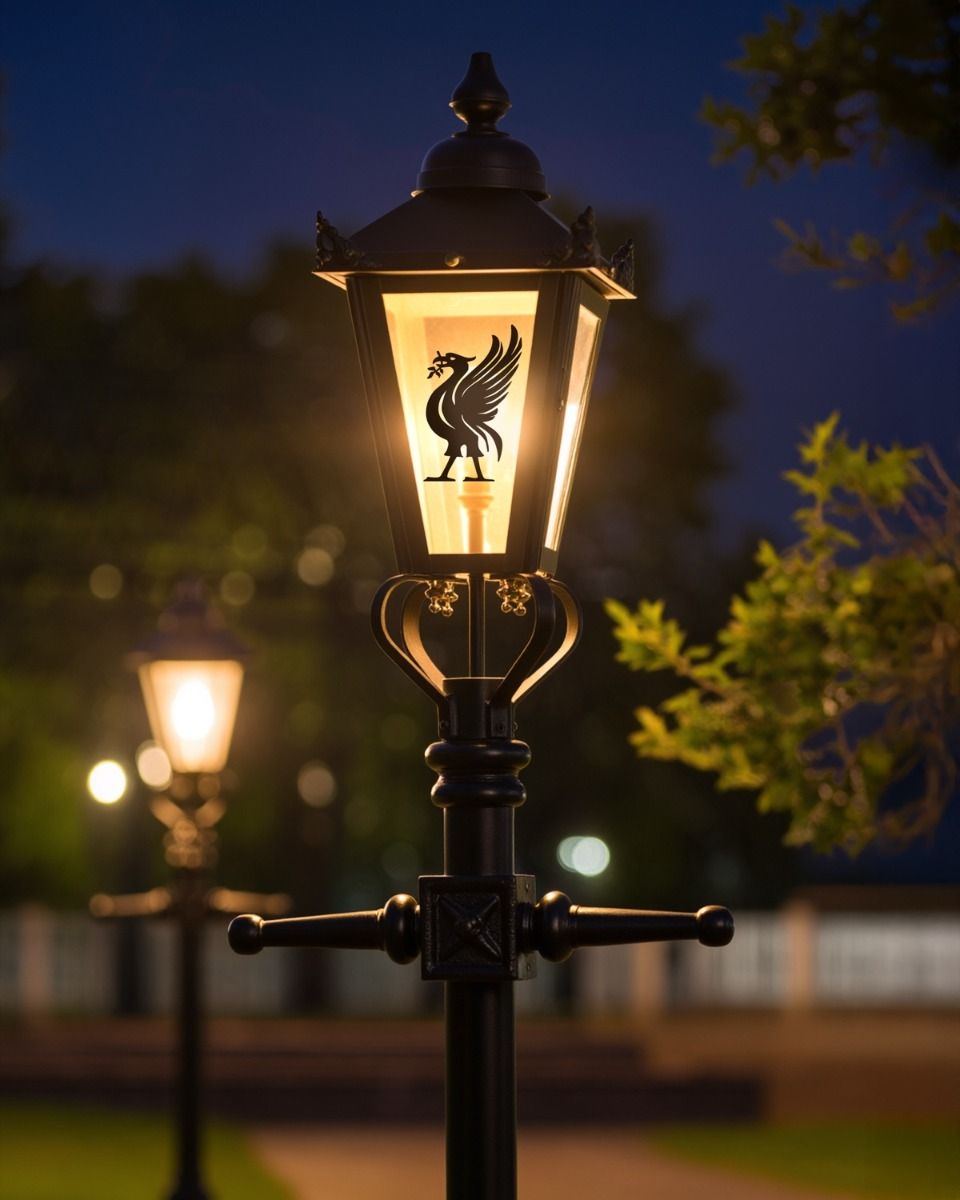 Custom Liver Bird Design Victorian Garden Lamp Post Positioned on a Park Pathway