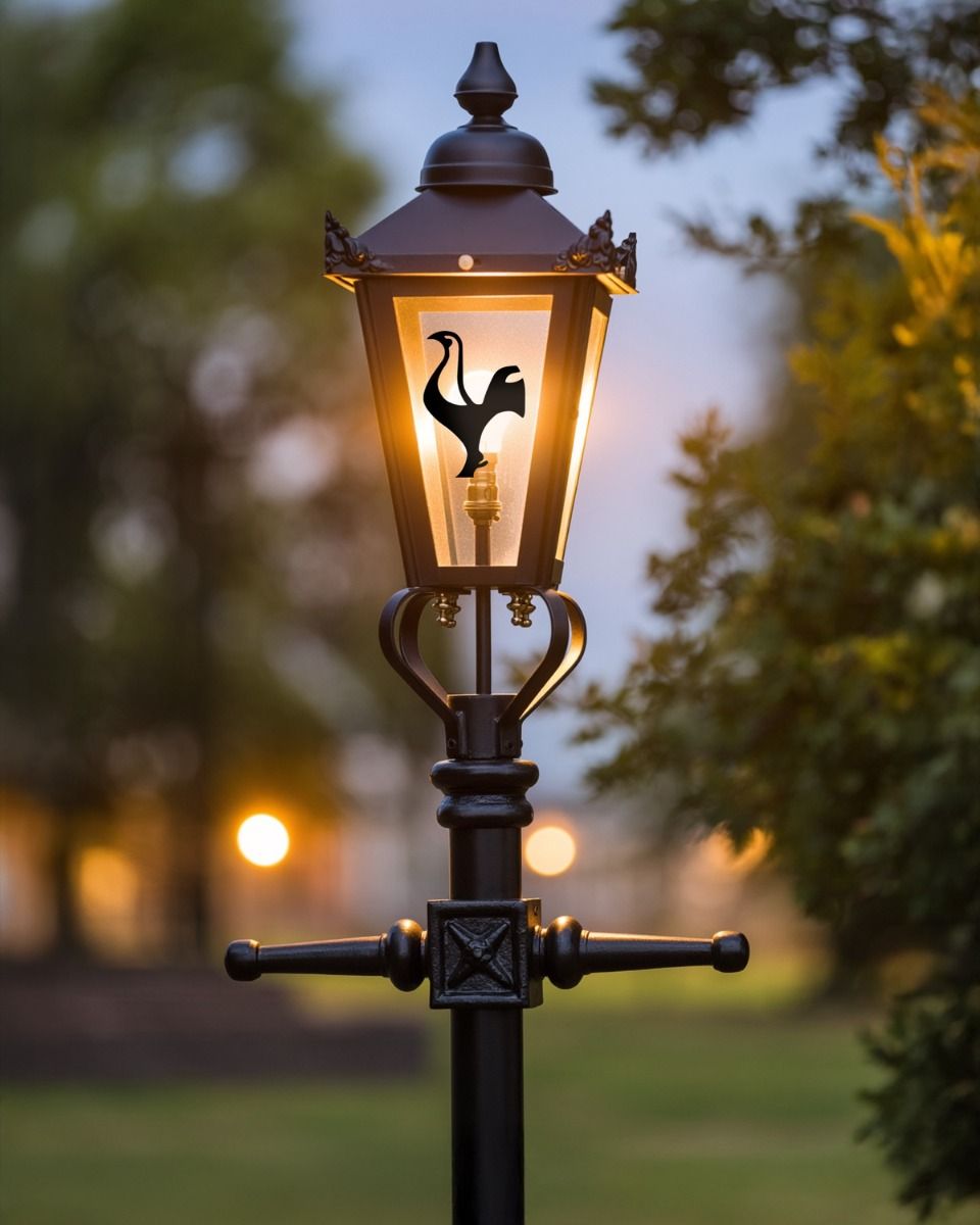 Custom Modern Rooster Design Victorian Garden Lamp Post Positioned in a Grand Garden