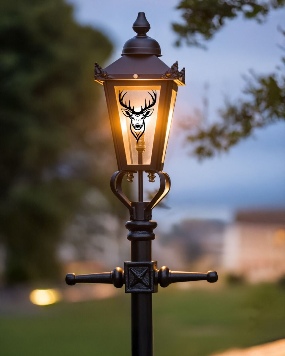 Custom Stag Head Design Victorian Garden Lamp Post Positioned in a Town Park