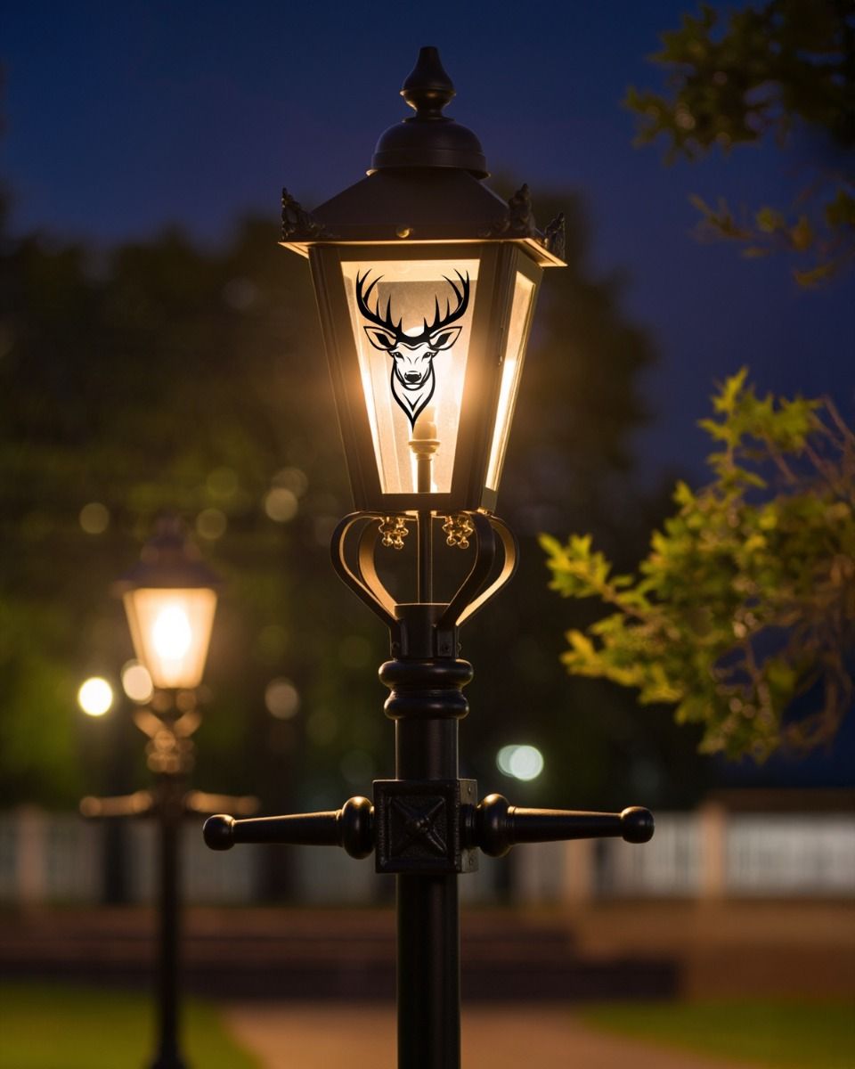 Custom Stag Head Design Victorian Garden Lamp Post Positioned on a Garden Pathway