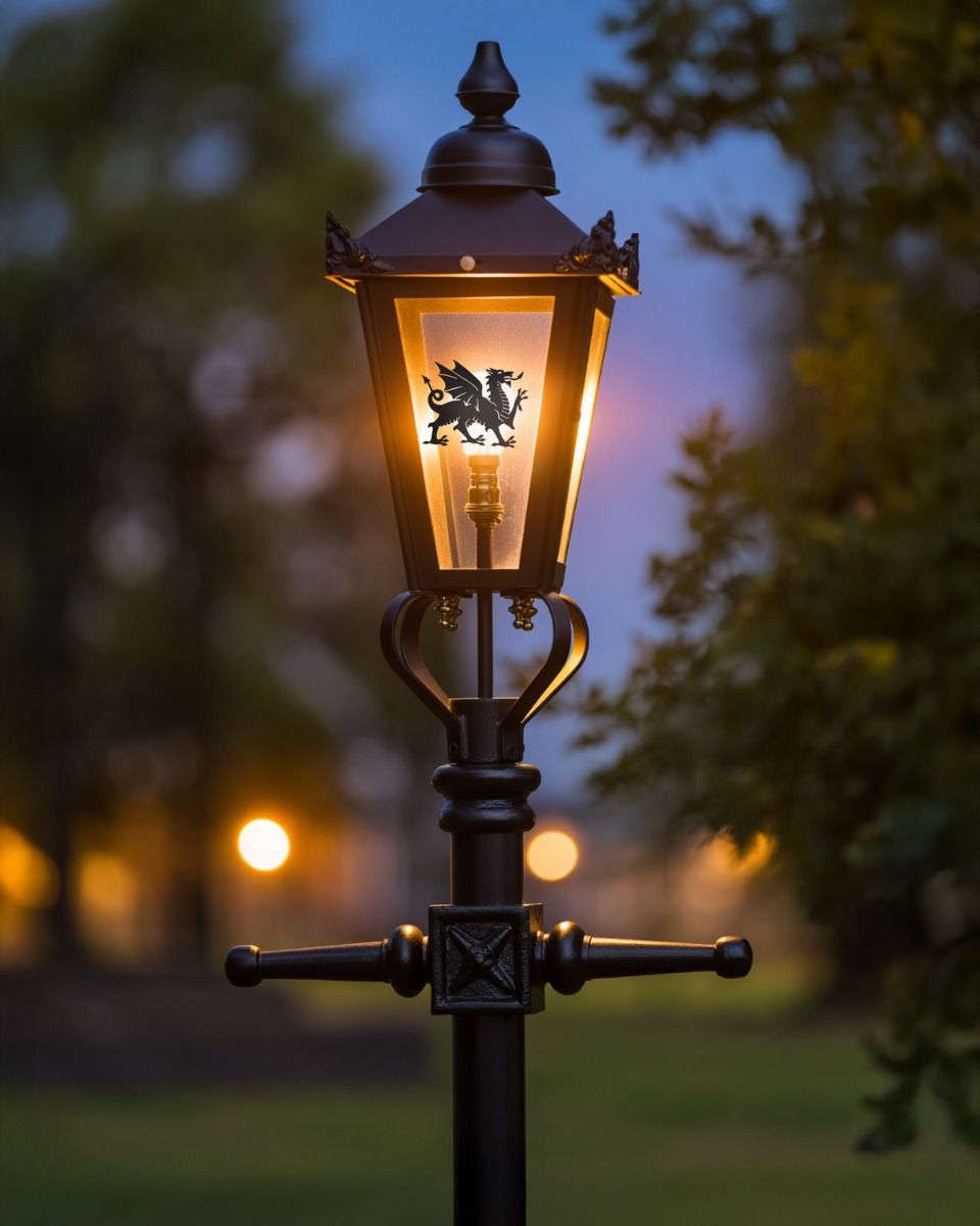 Custom Welsh Dragon Design Victorian Garden Lamp Post Positioned in a Garden - 